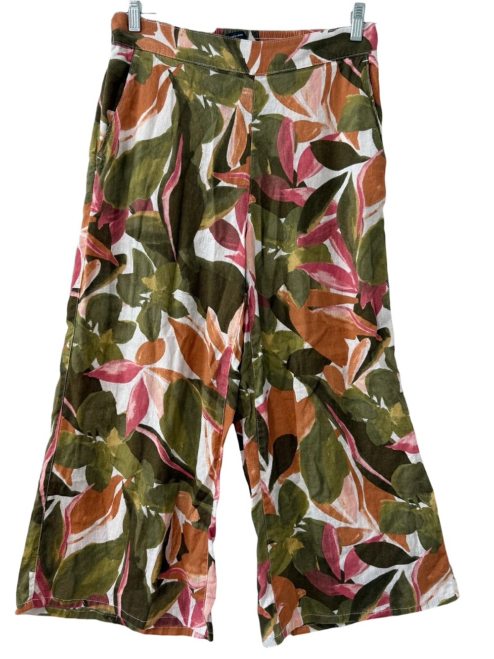 100% Linen Tropical Palm Wide-Leg Crop Pants Size Medium